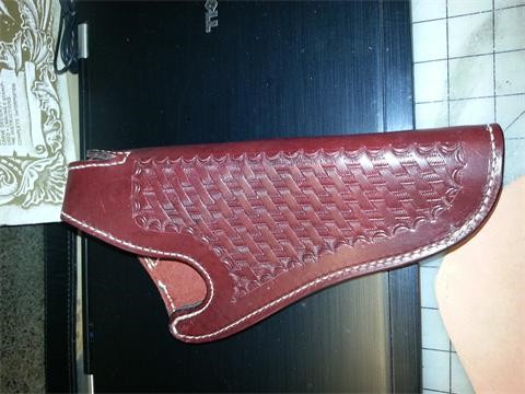 Hand tooled belt mount holster with thumb break